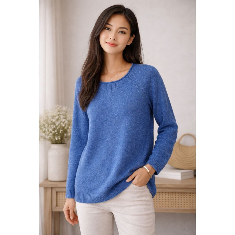 J. Jill Size M Blue 100% Cotton Raglan Sleeve Knit Sweater Long Sleeve Spring #1